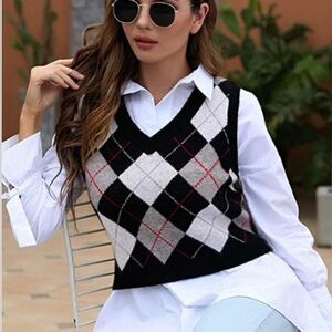 Argyle Wool Cashmere Sweater Vest Cropped Preppy Academia